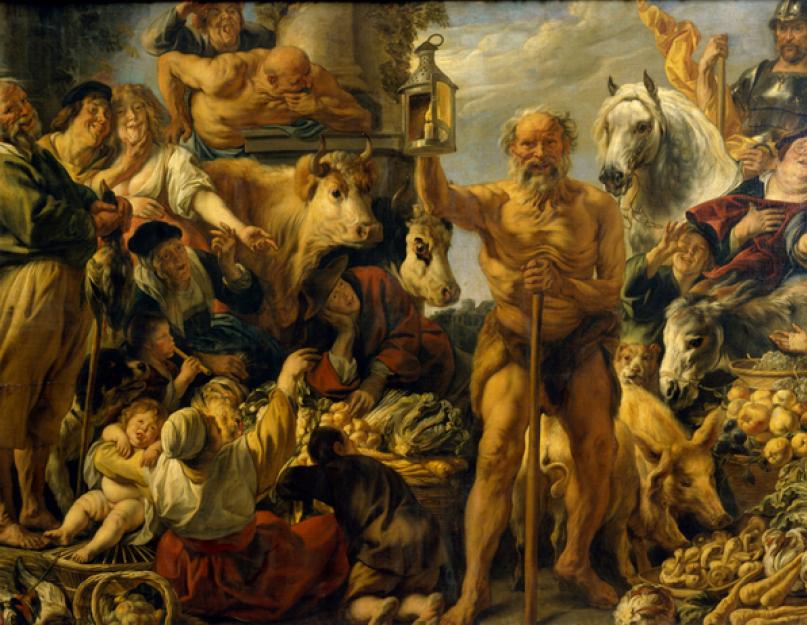 Diogenes egy hordóban halt meg falánkságban.  Sinop Diogenész: a filozófus életrajza és idézetei.  Közös jellemzők más tanításokkal