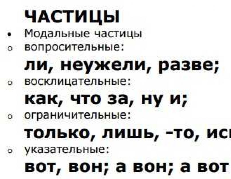 Dalelių reikšmė rusų kalba yra lentelė.  §3.  Reikšmė dalelės.  Vietos pagal vertę.  Pagrindinės semantinės dalelės