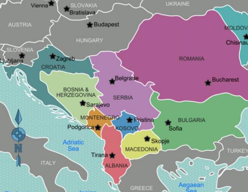 البلقان على الخريطة.  شبه جزيرة البلقان عطلة الخريطة
