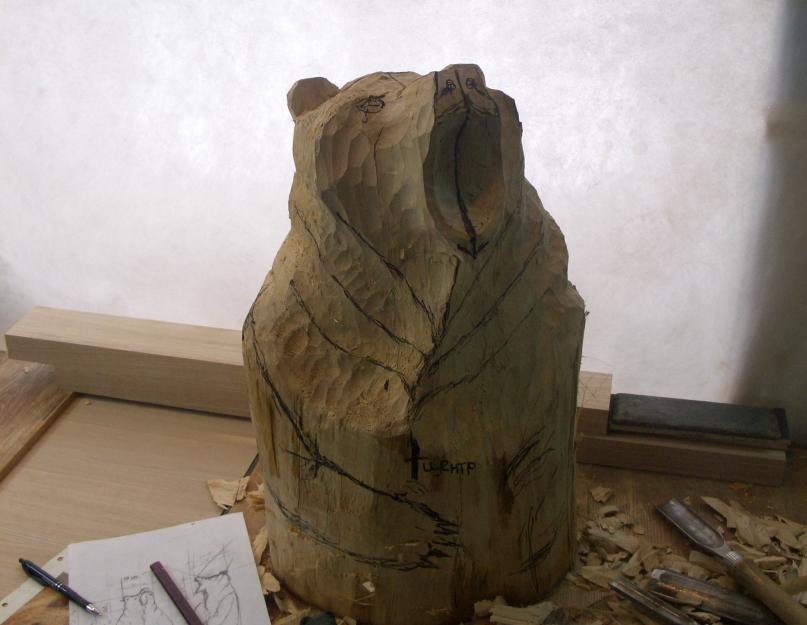 Процесс изготовления скульптуры медведя с лососем. Резной медведь из дерева Основные этапы создания скульптуры из дерева