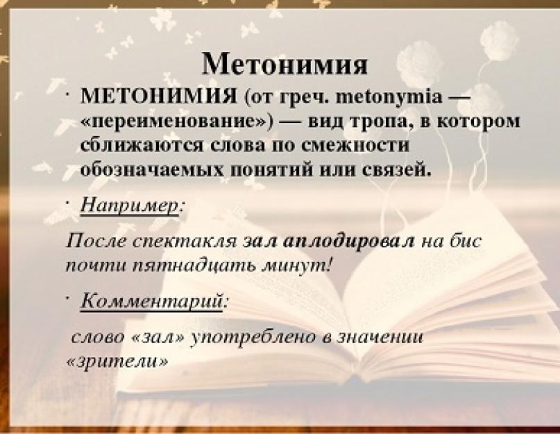 Что такое метафора и метонимия? Выразительные средства лексики. Метонимия. Синекдоха. Перифраза. Гипербола. Литота